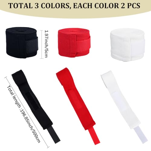 CREATCABIN 6pcs Boxing Hand Wrap Inner Glove 200In Thumb Loop Bandage Elasticated Padded Fist Under Mitt Protection Muay Thai MMA Kickboxing Martial Art Punching Training for Men Women Black Red White