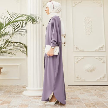 IKADEX Women Batwing Sleeve Abaya Button Loose Fit Long Maxi Muslim Dress Islamic Kaftan Prayer Robe - color: Purple