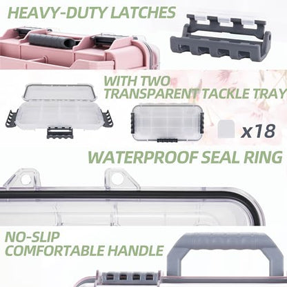 RUNCL Universal Fishing Tackle Box with Two Small Tackle Tray, Removal Inside Design Waterproof Trunk Storage Box, Thicker Floating Airtight Stowaway, Xmas Surprise Fishing Gifts for Men Women - color: Pink