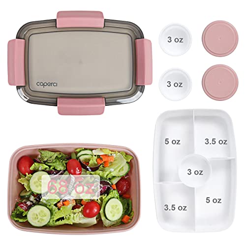 Caperci Large Salad Lunch Container - Adult Bento Lunch Box with 68 oz Salad Bowl, 5-Compartment Tray, 2pcs 3-oz Sauce Cups, Stackable, BPA-Free (Pink) - color: Pink