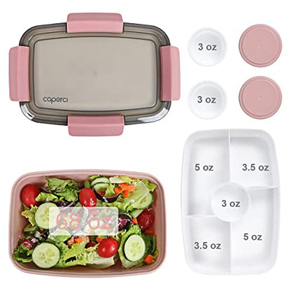 Caperci Large Salad Lunch Container - Adult Bento Lunch Box with 68 oz Salad Bowl, 5-Compartment Tray, 2pcs 3-oz Sauce Cups, Stackable, BPA-Free (Pink) - color: Pink