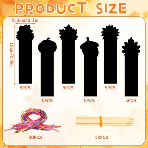 JUNEBRUSHS 30Pcs Fall Scratch Bookmarks, Rainbow Magic Scratch Paper Art Hello Fall Autumn Leaves Pumpkin Turkey DIY Crafts Kit for School Classroom Activity Thanksgiving Party Favor - style: Fall Style