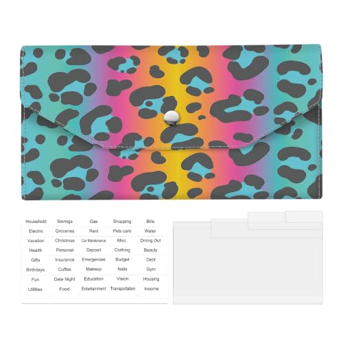 Cash Wallet & Money Envelopes for Cash, Reusable Leather Money Saving Envelop with Snap Closure and 4 Dividers & 1 Category Stickers, Cute Envelop Wallet for Women and Men Neon Leopard - color: Neon Leopard