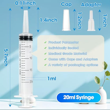 20ml Syringe for Liquid,5 Pack Large Plastic Syringes with Adapters and Cap,Individually Sealed Syringe for Feeding,Irrigation Water and Scientific Labs - size: 20ML