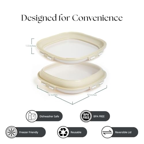 Crudités | Portable Snack Tray | Square 2-Pack | Cream White | Reversible Stretch Lid Food Containers | BPA-Free, Freezer & Dishwasher Safe | Meal-Prep, Charcuterie, Salads, Picnic, Travel - size: Square, 2 Pack