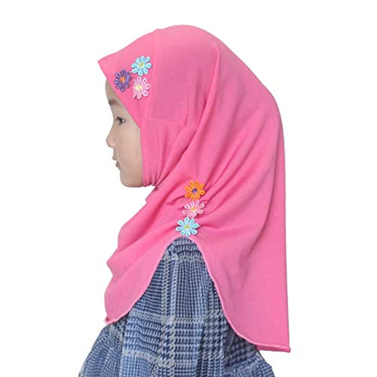 Girls Instant Hijab – Soft Kids Muslim Scarf with Flower, Breathable One-Piece Headscarf for Toddlers Age 2-8 - color: Rose Red