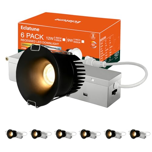 2 Inch Anti-Glare Recessed Lighting IP65 Shower Light 5CCT Waterproof LED Downlight with Junction Box, 2700K-5000K Selectable CRI90+, 9W COB, 840LM Dimmable ETL 6 Pack Black - color: Black-6P, size: 2 Inch