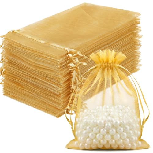 FUNFERY 100PCS Gold Organza Gift Bags 4x6in,Drawstring Pouch for Jewelry - color: Gold-4"x6"