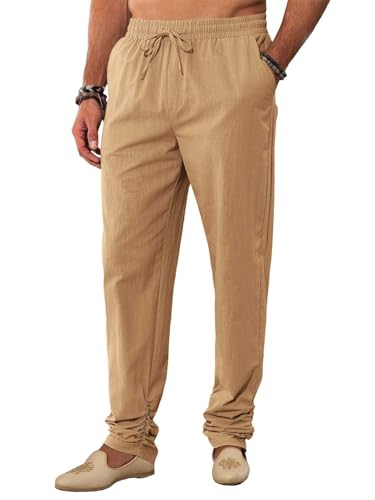 Runcati Mens Kaftan Thobe Pants Cotton Casual Elastic Waist Drawstring Muslim Trousers Summer Yoga Kurta Pants with Pockets - color: Light Khaki, size: Medium