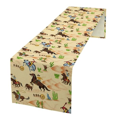 Western Table Runner, Cartoon Cowboy Horse Desert Adventure Rodeo Fun Table Runner for Kitchen Dining Party Picnic Decor, 13x36 Inch - color: Cowboy -4, size: W13"x L36"