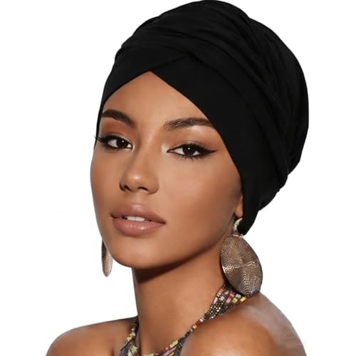 Turban Head Wrap Scarf,African Women' Soft Long Scarf Shawl Hair Bohemian Headwrap Stretch Headband Tie - color: Black