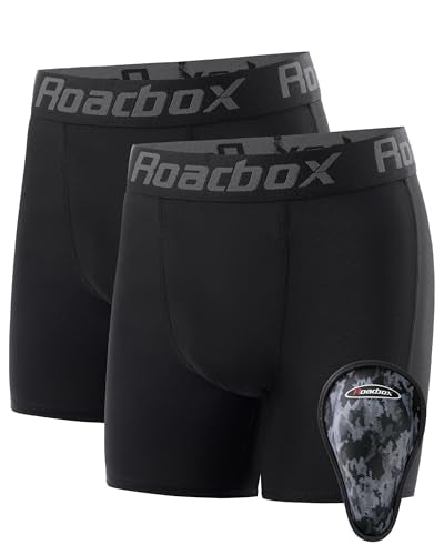 Roadbox Youth Boys Compression Shorts, Kids Baseball Cup Underwear Football Boxer Briefs with Soft Protective Athletic Cup - color: 2 Pack: Black+black(1 Cup), size: Large