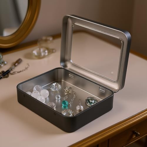 Rectangle Metal Tins with Hinged Window Lids, Black, 24 Pieces | Hinged Window Lids, Mini Storage Organizer Set, For Home Kitchen, Office and School Supplies - color: Black
