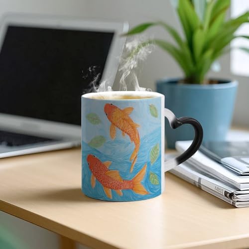 Color Changing Coffee Tea Orange Fish Mug 11 Oz Heat Changing Ceramic Cup Novelty Black Heat Sensitive Mug Funny Morphing Milk Cup Personalized Gift for Men Women