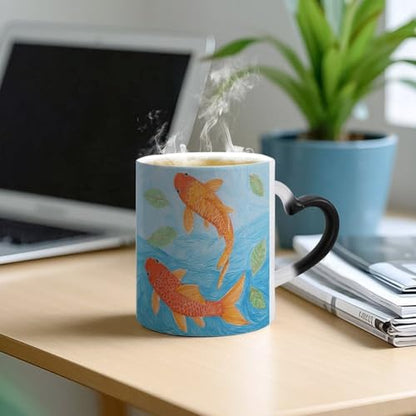 Color Changing Coffee Tea Orange Fish Mug 11 Oz Heat Changing Ceramic Cup Novelty Black Heat Sensitive Mug Funny Morphing Milk Cup Personalized Gift for Men Women