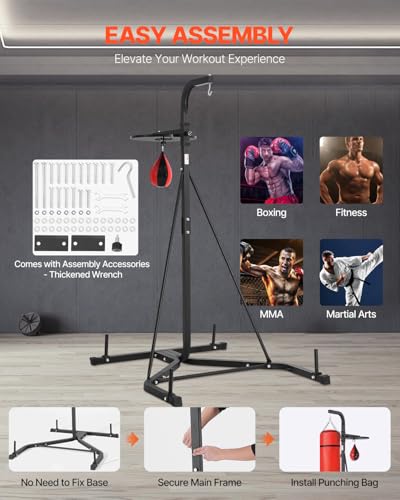 VEVOR 2 in 1 Punching Bag Stand, Steel Heavy Duty Workout Equipment, Adjustable Height Boxing Punching Bag and Speed Bag Stand, Freestanding Sandbag Rack, Holds Up to 140 lbs, for Home Gym Fitness