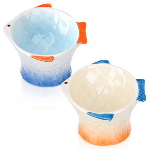Tioncy 2 Pcs Raised Tilted Ceramic Cat Food Bowl Fish Shape Cute Elevated Slanted Shallow Angled Cat Dish Non Slip Feeder Bowl for Anti-Vomiting and Fatigue (Blue,Orange) - color: Blue,Orange