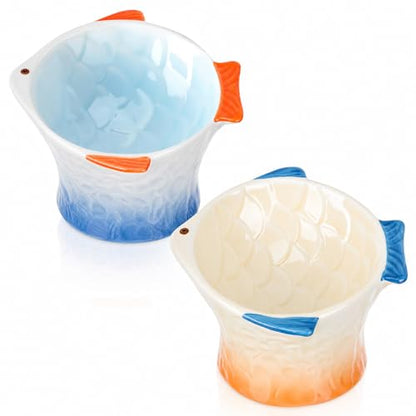 Tioncy 2 Pcs Raised Tilted Ceramic Cat Food Bowl Fish Shape Cute Elevated Slanted Shallow Angled Cat Dish Non Slip Feeder Bowl for Anti-Vomiting and Fatigue (Blue,Orange) - color: Blue,Orange