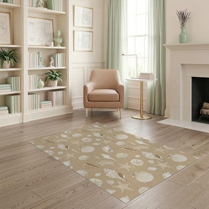 4'x6' Beige Beachy with Rustic Ocean Shell Washable Area Rug | Scattered Seashells Design, Starfish and Conch Pet Friendly, Non-Shedding for Bedroom, Reading Nook - color: Beige/Pattern 24, size: 4' x 6' (Rectangular)