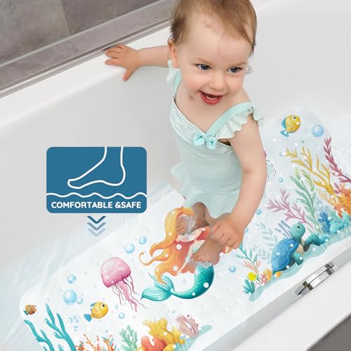 LNOND Bath Mat for Tub for Kids, Toddler Bathtub mat Non Slip, Sea Mermaids Kids Bath Mats for Bathroom Non Slip with Drain Holes and Suction Cups,Machine Washable (40 X 16 Inch) - color: Sea Mermaids