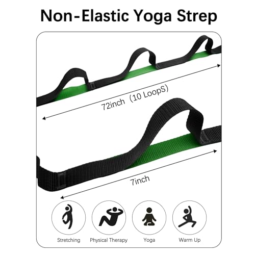 10 Loop Yoga Stretching Strap for Physical Therapy - Non-Elastic Exercise Band for Pilates, Yoga, Stretching for Women & Men - color: Green+Black