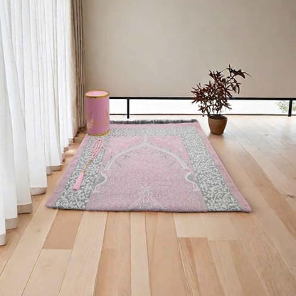 Muslim Prayer Rug and Beads with Gift Box, Soft Islamic Prayer Mat, Islamic Gifts Set, Prayer Carpet Mat, Sajadah/Janamaz/Seccade (Pink) - color: Pink