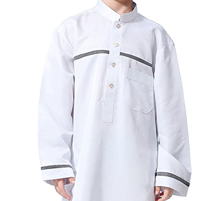 IDOPIP Kids Boys Muslim Thobe Islamic Arabic Kaftan Robe Loose Middle East Prayer Thobes Dress Modest Clothes with Pockets - color: White, size: 5-6 Years
