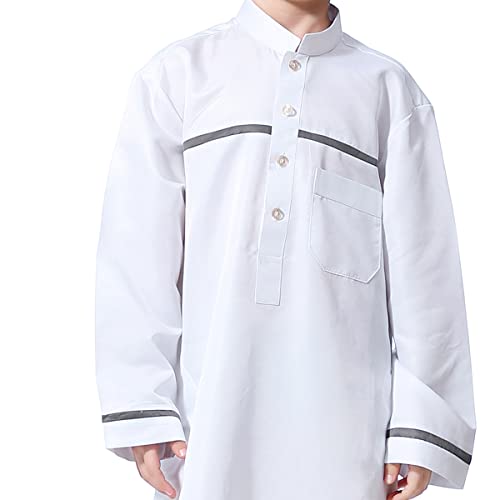 IDOPIP Kids Boys Muslim Thobe Islamic Arabic Kaftan Robe Loose Middle East Prayer Thobes Dress Modest Clothes with Pockets - color: White, size: 13-14 Years