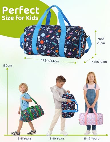 Kids Duffle Bag for Boys,RAVUO Water Resistant Travel Bag Overnight Bag Weekender Carry On Bag for Gym Sport with Shoe Compartment and Wet Pocket Space - color: Astronaut