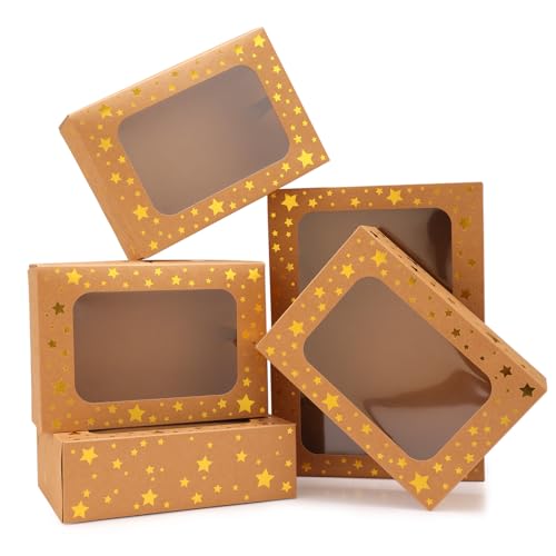 24 Pack Christmas Cookie Boxes,Gold Star Bakery Boxes with Window (9x6x3 Inch),Sturdy Pastry Boxes for Baked Goods,Treat Box for Holiday Gift Exchange, Cookie Tins with Lids for Gift Giving - color: Gold Star-Brown