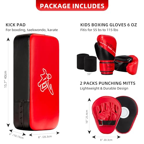 4-in-1 Kids Boxing Pads Gloves Kick Punching Mitts Set, Leather Hand Target Focus Pads, MMA Muay Thai Pads for Kicking Taekwondo Karate Kickboxing, Youth Boxing Training Sparring Gear Equipment