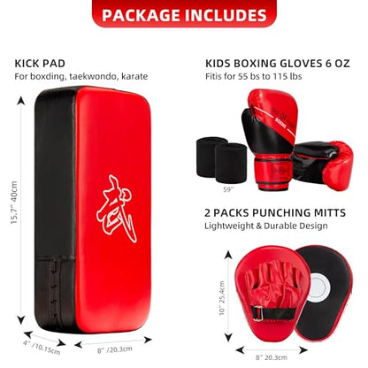 4-in-1 Kids Boxing Pads Gloves Kick Punching Mitts Set, Leather Hand Target Focus Pads, MMA Muay Thai Pads for Kicking Taekwondo Karate Kickboxing, Youth Boxing Training Sparring Gear Equipment