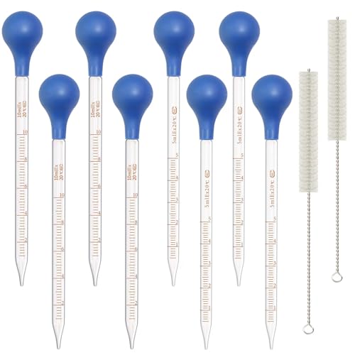 8 Pack Glass Pipette Dropper Lab Graduated Dropper Liquid Pipette with Rubber Cap+ 2 Cleaning Brush for Liquid Essential Oil Lab Dropper Pipettes Transfer (4pcs 5ml Dropper+4pcs 10ml Dropper) - size: 4x 5ml + 4x 10ml