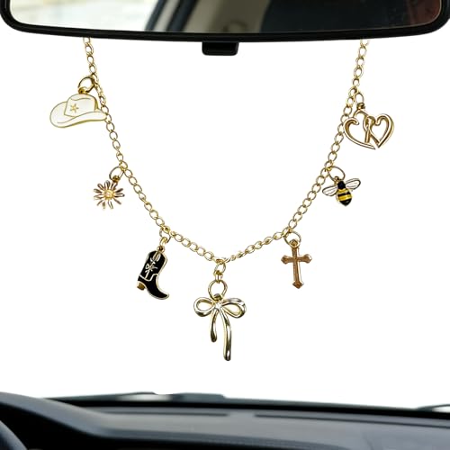 Car Rearview Mirror Charm Gold Hanging Cross Western Cowgirl Ornament - color: Cowboy - Black