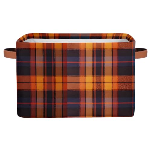 Orange Brown Plaid Storage Basket with Handles Collapsible Storage Bins Rectangular Toy Storage Organizer Box Fabric Shelf Baskets for Nursery Bedroom Bathroom 1PC - color: Orange Brown Plaid