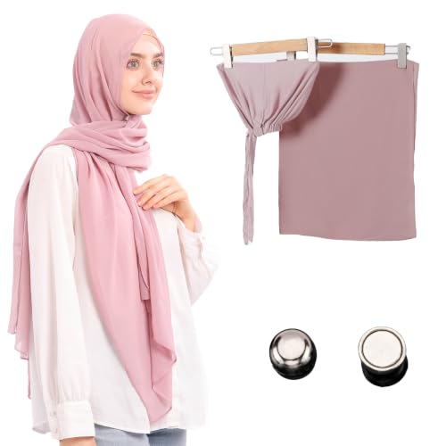 Jonglroy Muslim Chiffon Hijab magnets Head Scarf with Matching Tie Back Jersey Undercap - color: Dusty Pink