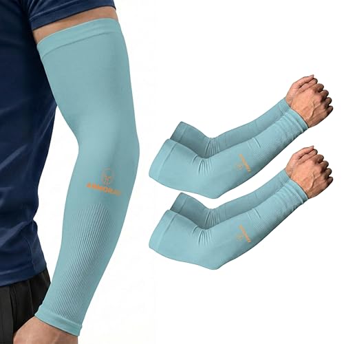 ARMORAY Arm Sleeves for Men and Women - UV Sun Protection Cooling Compression - Tattoo Cover Up Sleeve for Daily Wear & Work - color: Aqua Blue (2 Pairs)