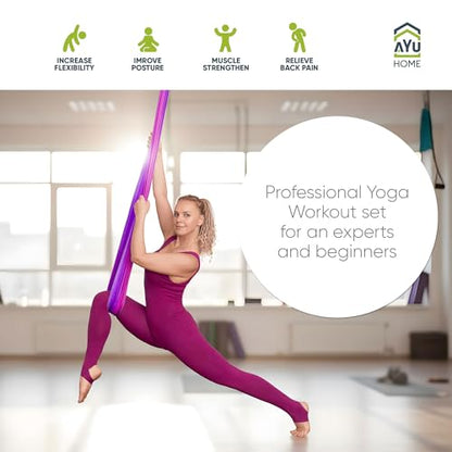 AyuHome Aerial Silks Kit for Home - Premium Yoga Swing for Adults with 660 lbs Capacity - Versatile Aerial Yoga Hammock for Gymnastics Training - color: Aerial silk - Purple & Pink - New