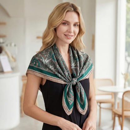 RIIQIICHY Head Scarf for Women Like Silk Satin Scarf for Hair Wrapping at Night Bandana Square Scarf for Sleeping 35 Inch - color: Emerald Paisley Scroll