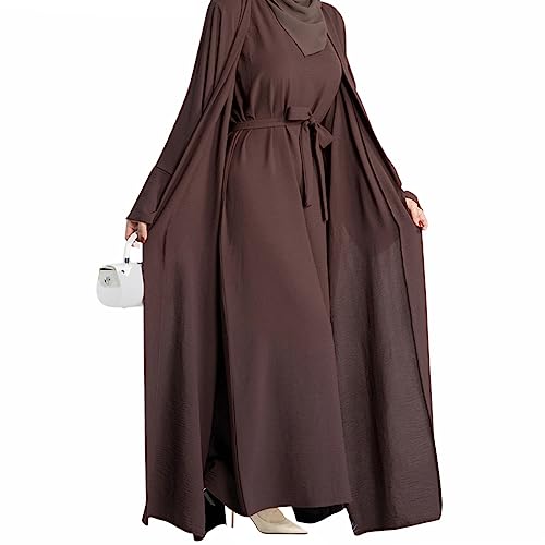 2PCS Women's Muslim Dresses Abaya Islamic Dubai Prayer Dress Robe Long Cardigan Maxi Dress - color: Dark Brown, size: Large
