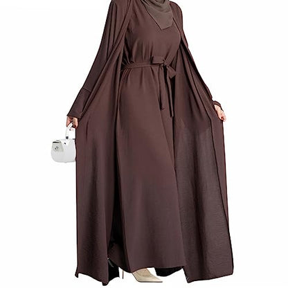 2PCS Women's Muslim Dresses Abaya Islamic Dubai Prayer Dress Robe Long Cardigan Maxi Dress - color: Dark Brown, size: Large