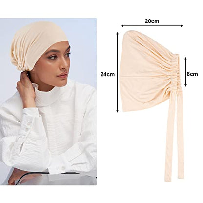 PHOGARY 4 Pcs Women Hijab Undercap, Islamic Muslim Under Hijab Cap Inner Under Scarf Hat Turban with Tie Back Closure - color: White, Pink, Peach, Beige