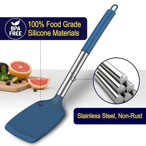 HOTEC Silicone Spatula Set of 2 Heat-Resistant 600°F & BPA-Free Kitchen SaptulaTurner with Stainless Steel Handles, Slotted & Solid Spatulas for Nonstick Cookware, 13.7 Inch, Classic Blue - color: Classic Blue