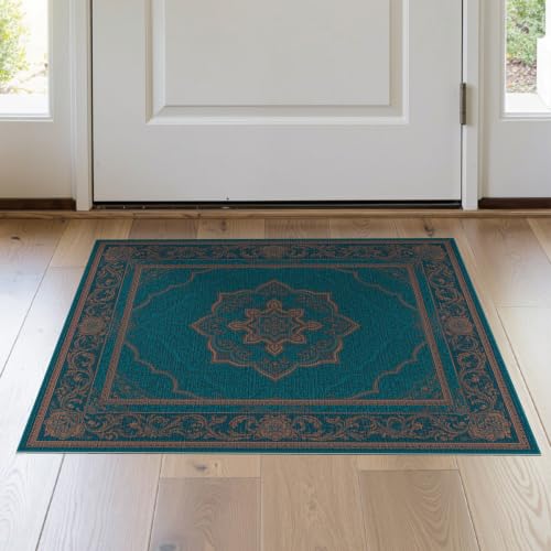 2'x3' Teal Boho Medallion Prayer Design Washable Doormat - color: Blue/Pattern 14, size: 2' x 3' (Rectangular)