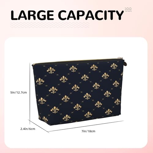 Leather Makeup Bag for Purse, Waterproof Small Toiletry Bag with Zipper, Cute Cosmetic Bags for Women, Navy Gold Fleur De Lis Pattern Travel Pouch - color: Navy Gold Fleur De Lis Pattern