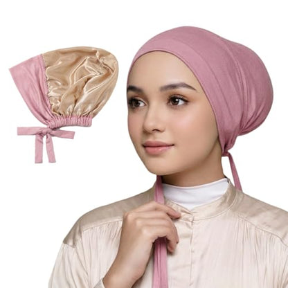 Yeieeo Women's Satin-Lined Tie Closure Hijab Undercap Non Slip,Premium Jersey Muslim Daily Wear Inner Headscarf Cap - color: Nude Pink