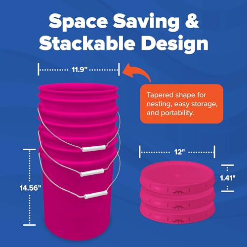 5 Gallon Bucket w/Lid, Food Grade BPA-Free, 6 Pack, Pink | Airtight Lid, Mallet and Lid Opener Included, Heavy-Duty 90 Mil HDPE Plastic, Food-Safe Durable Container, Made in USA - color: Pink, size: 6 Packs
