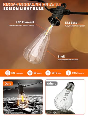 Kawaya Solar Powered String Lights for Outside: 100 FT LED Outdoor Patio Lights with USB-Charging - IP65 Waterproof Hanging Light - 50+2 Shatterproof Edison Bulbs for Bistro Cafe Camp Yard Balcony - size: 100FT New
