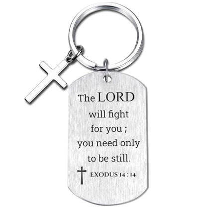 Inspirational Scripture Keychain with Cross - Bible Verse Matte Key Chain Religious Gift for Christian - style: Exodus 14:14