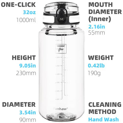 Fanhaw 32 Oz Clear Tritan Water Bottle (6 Pack), BPA-Free & Leak-Proof, Wide Mouth with Anti-dust Chug Lid, Reusable Plastic Bottle for Gym, Travel, School & Office (Clear&White) - color: Clear&White, size: 32 Ounces (Pack of 6)